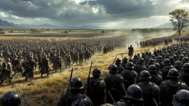 Soldiers in formation on a battlefield with mountains.