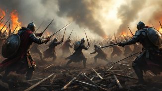 Warriors in combat on a dramatic battlefield.