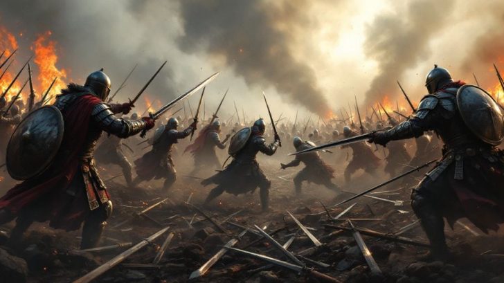 Warriors in combat on a dramatic battlefield.