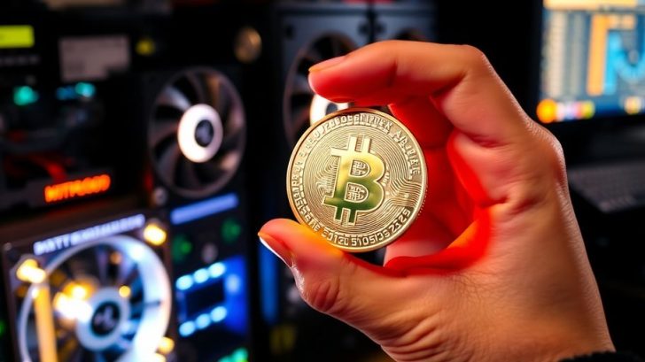 Miner's hand holding a digital coin with equipment.