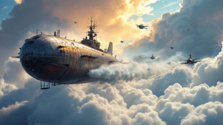 A fierce airship in battle against dramatic clouds.