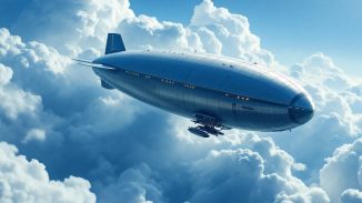 A powerful airship flying through a clear blue sky.