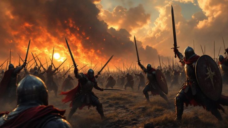 Warriors in armor preparing for battle at sunset.