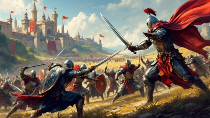 Medieval warriors in battle on a vibrant battlefield.