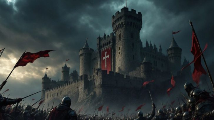 Medieval castle under siege with warriors preparing for battle.