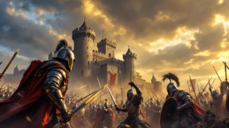 Warriors in armor on a battlefield with a castle.