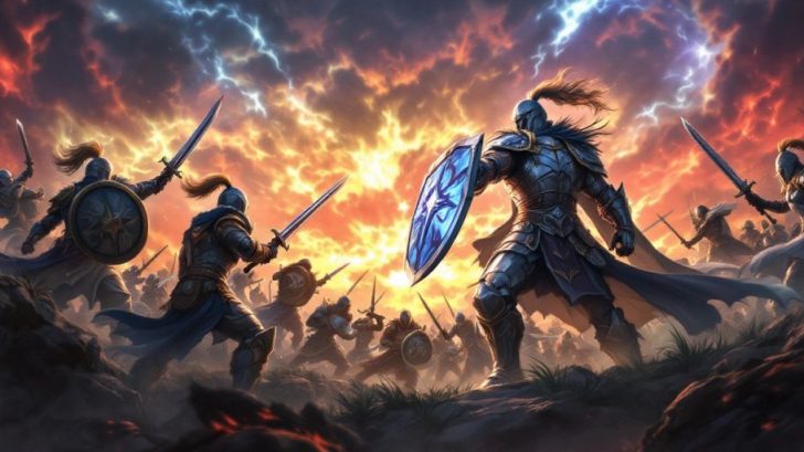 Warriors in armor on a dramatic battlefield scene.