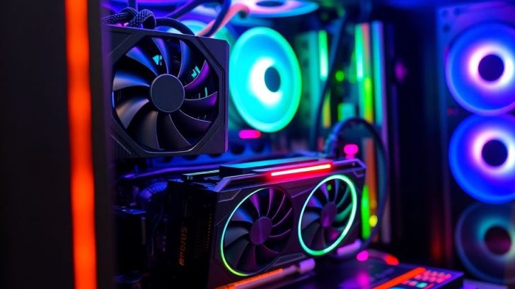 Close-up of a colorful mining rig setup.