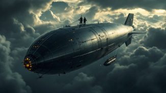 Aerial view of a powerful airship in stormy sky.