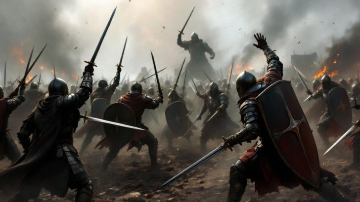 Warriors in armor on a dramatic battlefield.