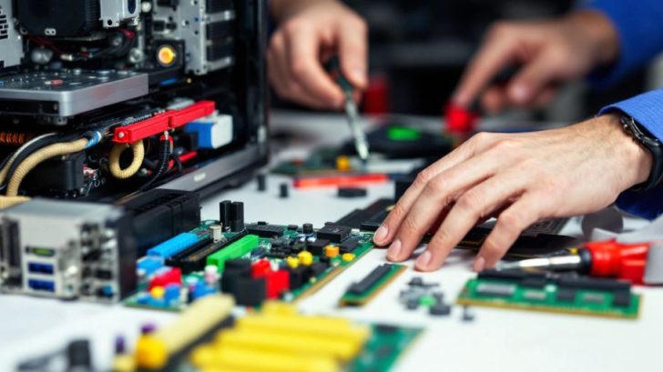 Person assembling a colorful PC on a workbench.