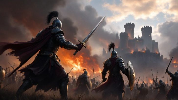 Warriors in armor on a dramatic battlefield.