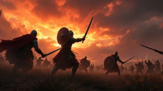 Warriors in armor on a battlefield at sunset.