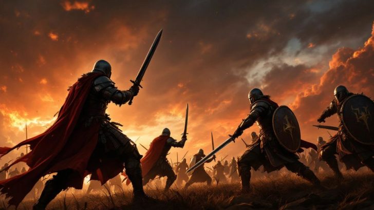 Warriors in armor on a battlefield at sunset.