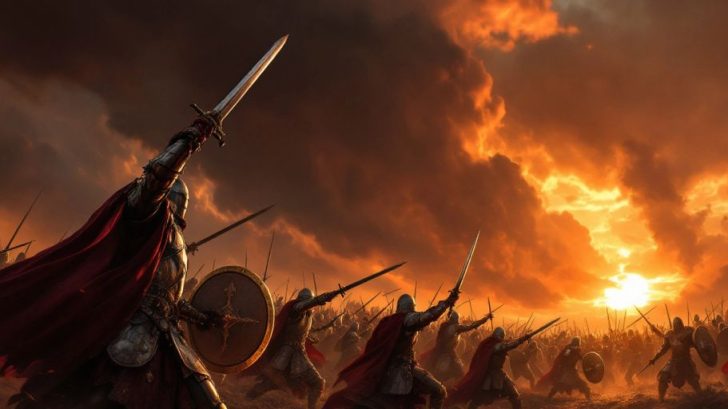 Warriors in armor on a battlefield at sunset.