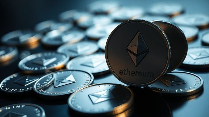 Ethereum coins on a dark surface, reflecting light.