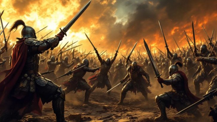 Warriors in armor fighting on a dramatic battlefield.