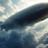 Airship flying through a cloudy sky with sunlight.