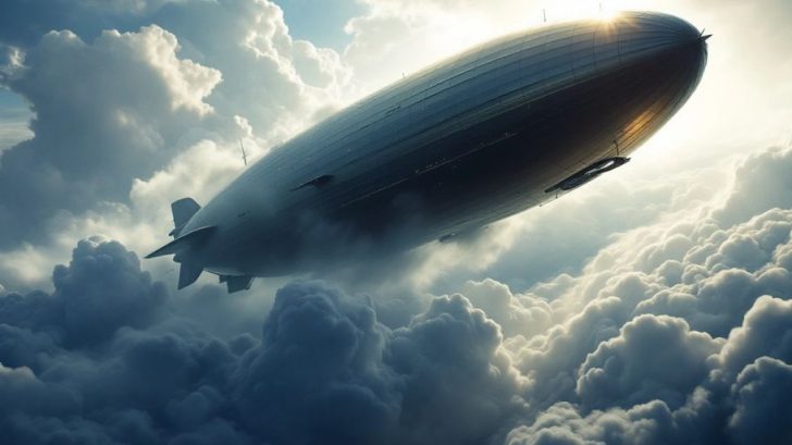 Airship flying through a cloudy sky with sunlight.