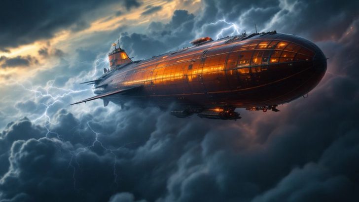 Airship flying through stormy skies with dramatic clouds.