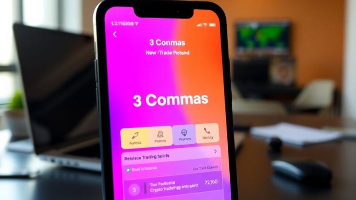 Smartphone with 3 Commas trading bot app interface.