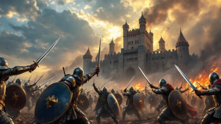 Warriors in armor battling on a medieval battlefield.