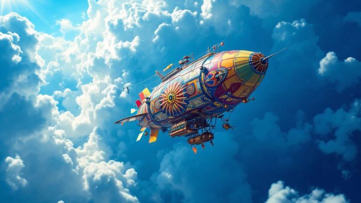 Colorful airship flying in a blue sky with clouds.